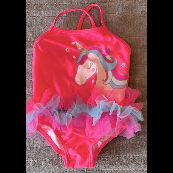 Wonder Nation pink unicorn with rainbow ruffles swimsuit in size 6-9 months. - Picture 1 of 5
